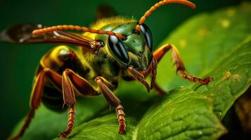 Macro shot of a bee's eye on a green leaf. photo