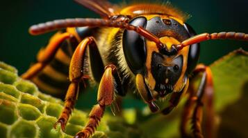 Macro shot of a bee's eye on a green leaf. photo