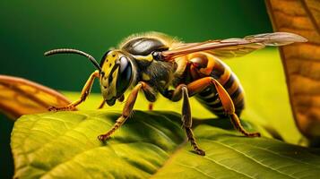 Macro shot of a bee's eye on a green leaf. photo