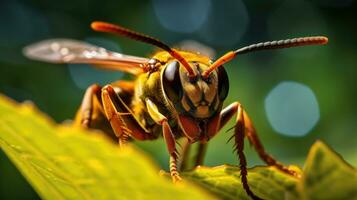 Macro shot of a bee's eye on a green leaf. photo