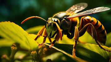 Macro shot of a bee's eye on a green leaf. photo