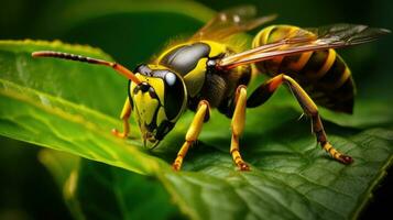 Macro shot of a bee's eye on a green leaf. photo