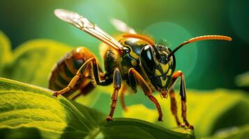 macro Disparo de un abejas ojo en un verde hoja. foto