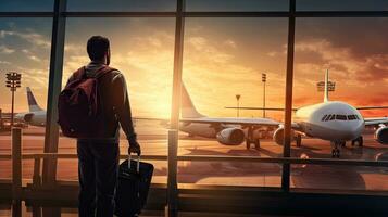 Male tourist stands in airport and watches airplanes fly through the window. photo