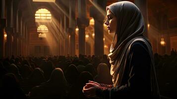 Religious Muslim woman praying in a church photo