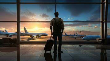 Male tourist stands in airport and watches airplanes fly through the window. photo