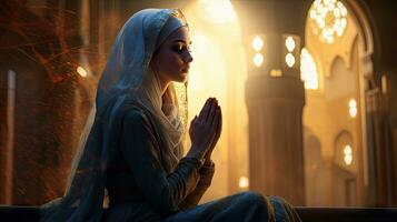 Religious Muslim woman praying in a church photo