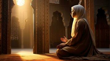 Religious Muslim woman praying in a church photo