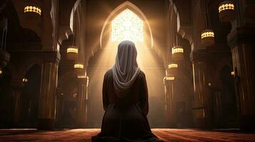 Religious Muslim woman praying in a church photo