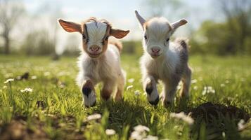 Two baby goats playing in the green field photo