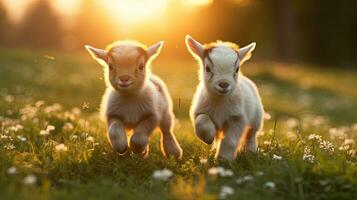 Two baby goats playing in the green field photo