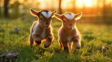 Two baby goats playing in the green field photo