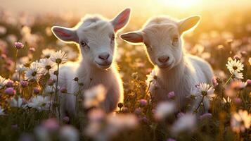 Two baby goats playing in the green field photo