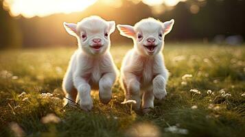 dos bebé cabras jugando en el verde campo foto