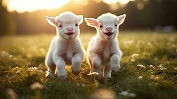 Two baby goats playing in the green field photo