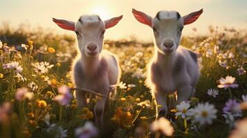 dos bebé cabras jugando en el verde campo foto