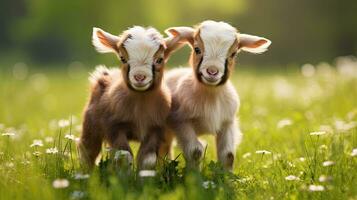 Two baby goats playing in the green field photo