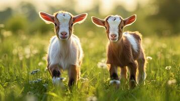 Two baby goats playing in the green field photo
