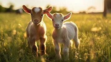 Two baby goats playing in the green field photo