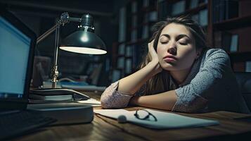 joven mujer caídas dormido a trabajo foto