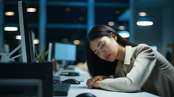 Young woman falls asleep at work photo