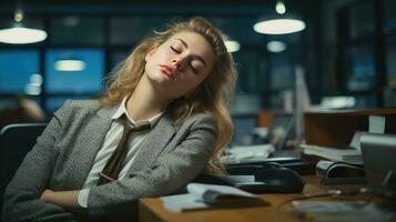 joven mujer caídas dormido a trabajo foto