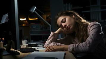 joven mujer caídas dormido a trabajo foto