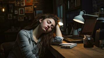 Young woman falls asleep at work photo