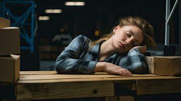 Young woman falls asleep at work photo