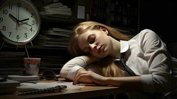 Young woman falls asleep at work photo