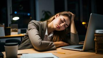 joven mujer caídas dormido a trabajo foto