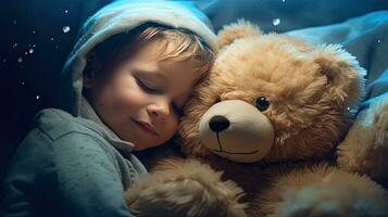 A cute little boy hugs a big soft teddy bear. photo