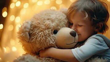 A cute little boy hugs a big soft teddy bear. photo