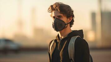 un joven hombre usa un n95 máscara a proteger en contra pm 2.5 polvo y aire contaminación. detrás allí son carros paso por y allí es un Delgado arroyo. foto