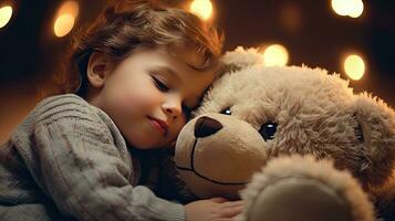 A cute little boy hugs a big soft teddy bear. photo