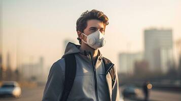 A young man wears an N95 mask to protect against PM 2.5 dust and air pollution. Behind there are cars passing by and there is a thin stream. photo