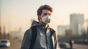 un joven hombre usa un n95 máscara a proteger en contra pm 2.5 polvo y aire contaminación. detrás allí son carros paso por y allí es un Delgado arroyo. foto