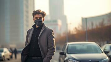 un joven hombre usa un n95 máscara a proteger en contra pm 2.5 polvo y aire contaminación. detrás allí son carros paso por y allí es un Delgado arroyo. foto