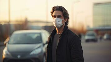 un joven hombre usa un n95 máscara a proteger en contra pm 2.5 polvo y aire contaminación. detrás allí son carros paso por y allí es un Delgado arroyo. foto