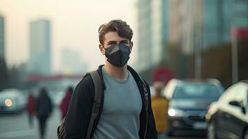 un joven hombre usa un n95 máscara a proteger en contra pm 2.5 polvo y aire contaminación. detrás allí son carros paso por y allí es un Delgado arroyo. foto