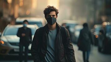 A young man wears an N95 mask to protect against PM 2.5 dust and air pollution. Behind there are cars passing by and there is a thin stream. photo