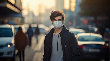 un joven hombre usa un n95 máscara a proteger en contra pm 2.5 polvo y aire contaminación. detrás allí son carros paso por y allí es un Delgado arroyo. foto