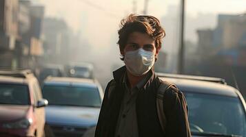 A young man wears an N95 mask to protect against PM 2.5 dust and air pollution. Behind there are cars passing by and there is a thin stream. photo