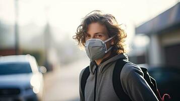 un joven hombre usa un n95 máscara a proteger en contra pm 2.5 polvo y aire contaminación. detrás allí son carros paso por y allí es un Delgado arroyo. foto