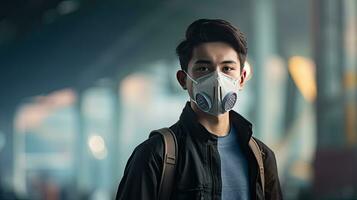 un joven hombre usa un n95 máscara a proteger en contra pm 2.5 polvo y aire contaminación. detrás allí son carros paso por y allí es un Delgado arroyo. foto