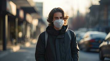 A young man wears an N95 mask to protect against PM 2.5 dust and air pollution. Behind there are cars passing by and there is a thin stream. photo