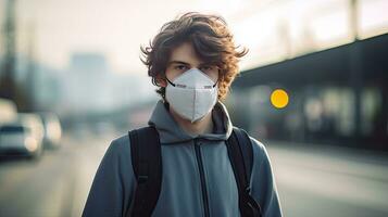 un joven hombre usa un n95 máscara a proteger en contra pm 2.5 polvo y aire contaminación. detrás allí son carros paso por y allí es un Delgado arroyo. foto