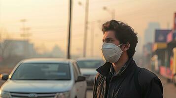 un joven hombre usa un n95 máscara a proteger en contra pm 2.5 polvo y aire contaminación. detrás allí son carros paso por y allí es un Delgado arroyo. foto