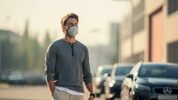 un joven hombre usa un n95 máscara a proteger en contra pm 2.5 polvo y aire contaminación. detrás allí son carros paso por y allí es un Delgado arroyo. foto