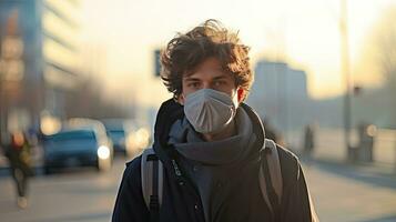 A young man wears an N95 mask to protect against PM 2.5 dust and air pollution. Behind there are cars passing by and there is a thin stream. photo